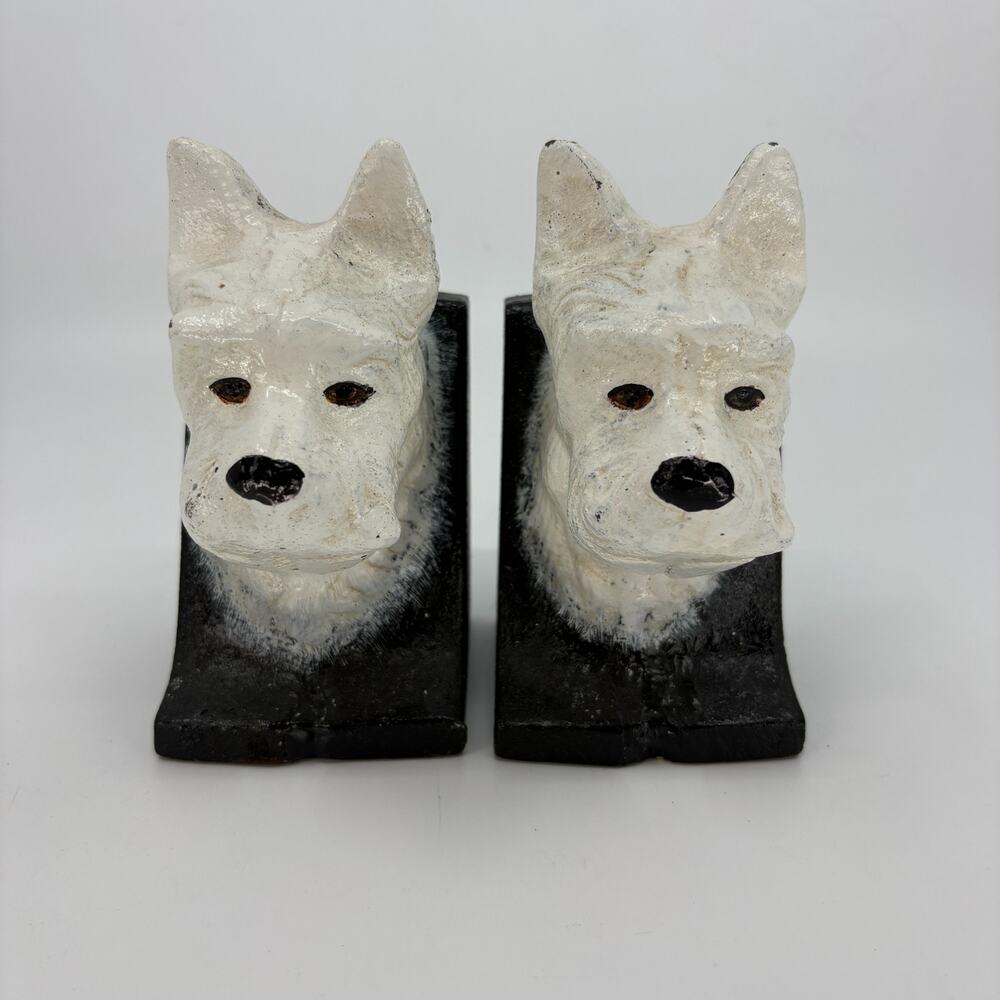 Vintage Cast Iron Scottie Dog Bookends Pair White Terrier White